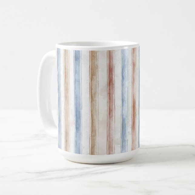 Caneca De Café Listras Bege Creme Azul Bonito   (Frente Esquerda)