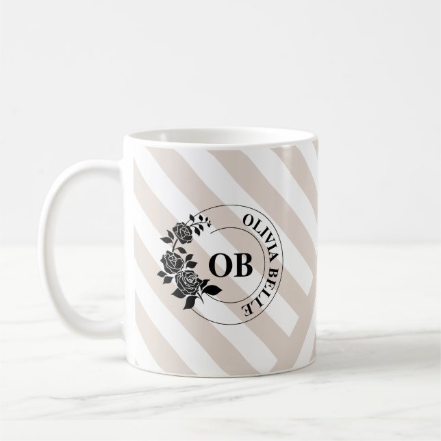 Caneca De Café Listras Bege Marfim Monograma (Esquerda)