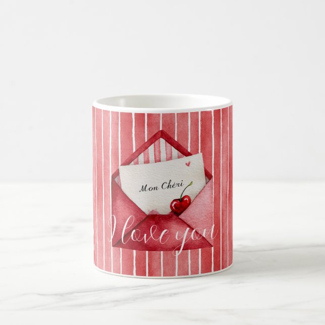 Caneca De Café Listras Brancas Vermelhas Românticas Mon Cheri Amo (Centro)
