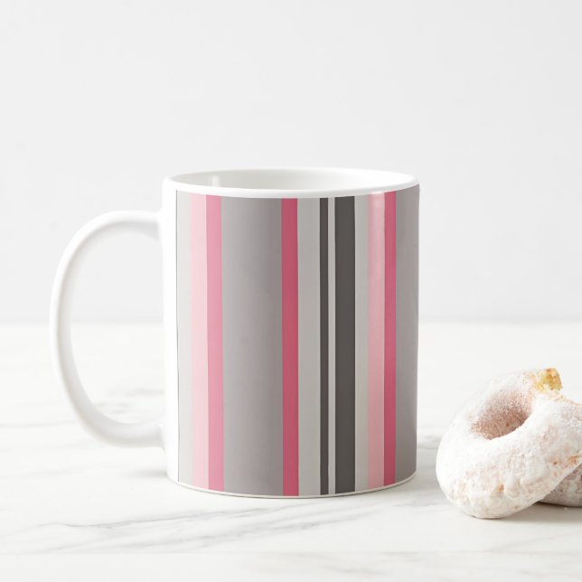 Caneca De Café Listras Clássicas Rosa e Cinza (Com Donut)