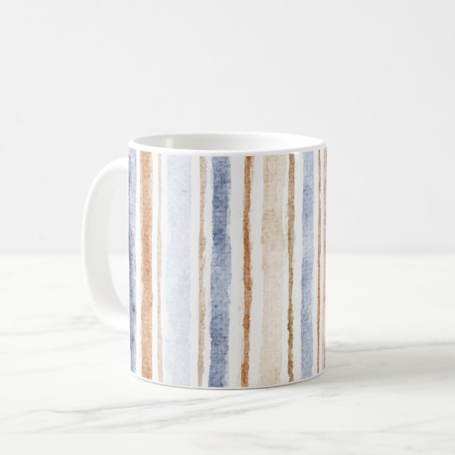 Caneca De Café Listras Creme Marrom Azul (Frente Esquerda)