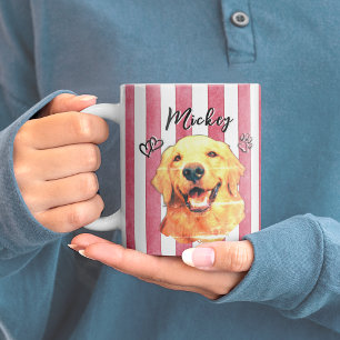 Caneca De Café Listras de Aquarela Vermelha Nome e Foto de Cachor