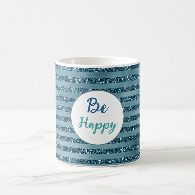 Caneca De Café Listras de Brilho Azul Turquesa Verde Seja Feliz (Centro)