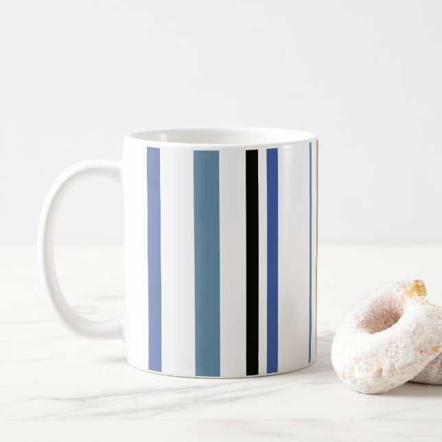 Caneca De Café Listras de Cor Azul Dourado e Praia Branca (Com Donut)