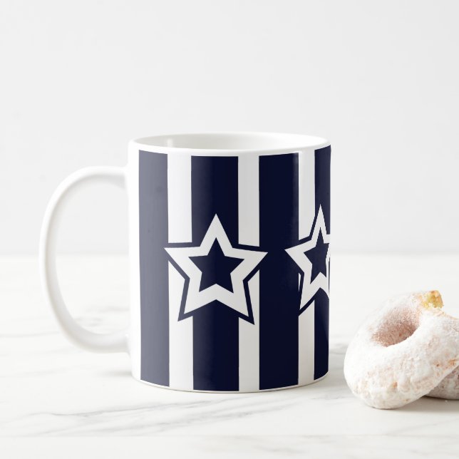 Caneca De Café Listras de Estrelas Brancas Azul Marinho (Com Donut)