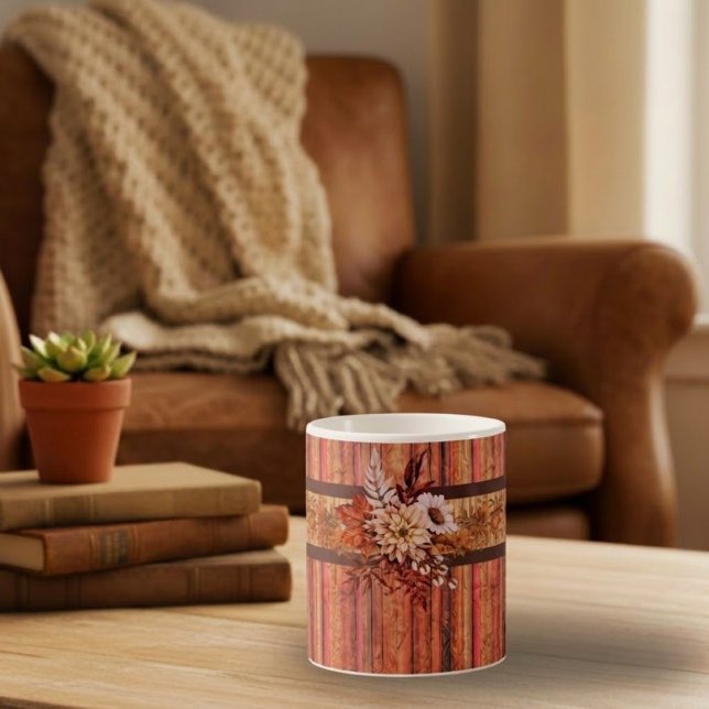 Caneca De Café Listras de Madeira Rústica e Flores (Criador carregado)