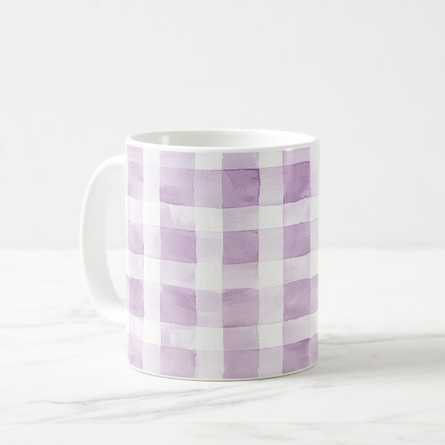 Caneca De Café Listras de Xadrez Brancas Roxas (Frente Esquerda)
