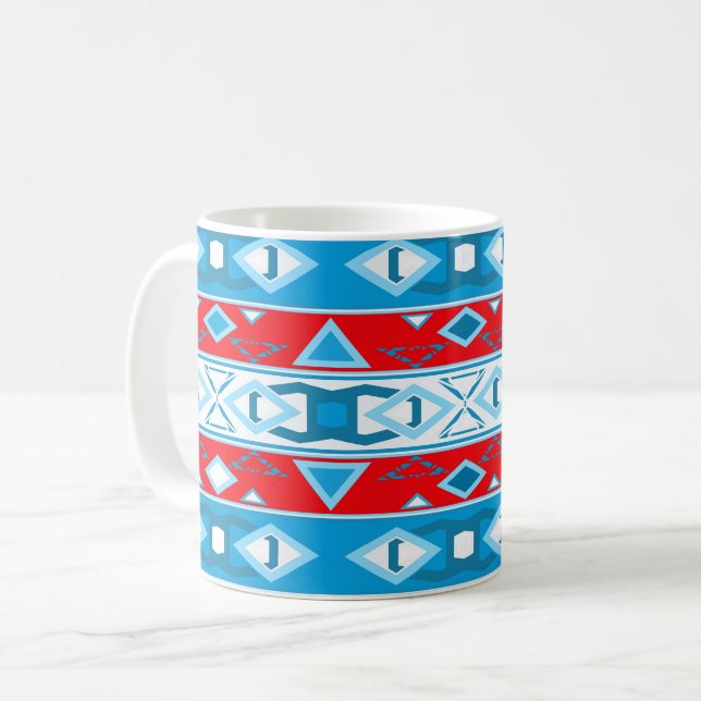 Caneca De Café Listras e formas geométricas de vermelho azul bran (Frente Esquerda)