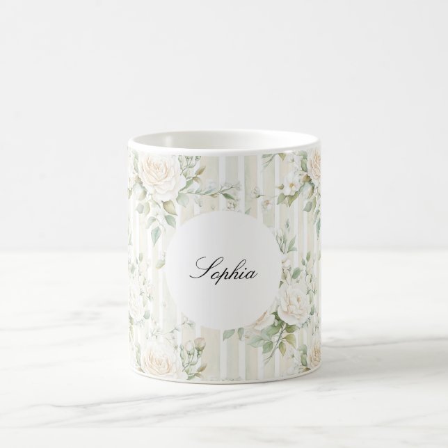 Caneca De Café Listras Florais Rosas Brancas Bege Romântico   (Centro)