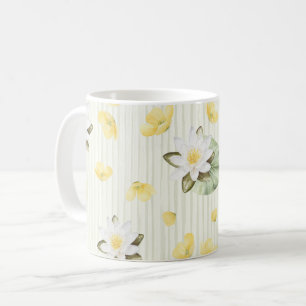 Caneca De Café Listras Flores Brancas Amarelas