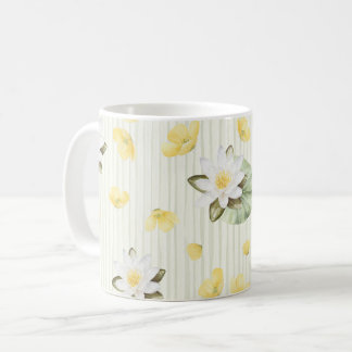 Caneca De Café Listras Flores Brancas Amarelas