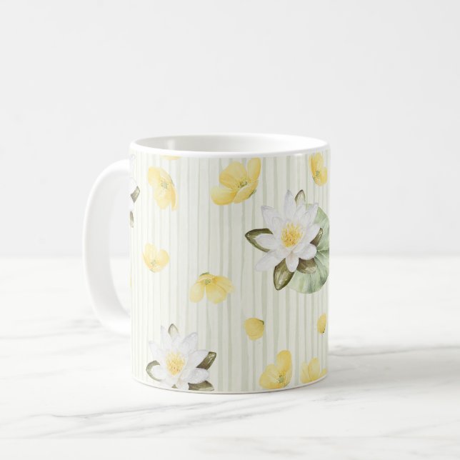 Caneca De Café Listras Flores Brancas Amarelas (Frente Esquerda)
