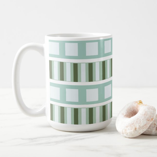 Caneca De Café Listras Geométricas Quadradas Verde Turquesa (Com Donut)