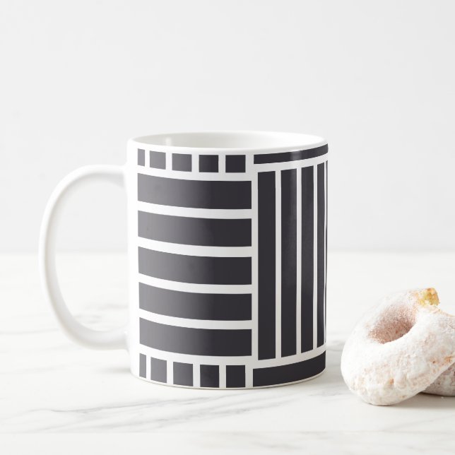 Caneca De Café Listras Horizontais Verticais Brancas Cinzas (Com Donut)