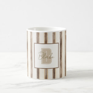 Caneca De Café Listras Marrom Creme Monograma Inicial Nome