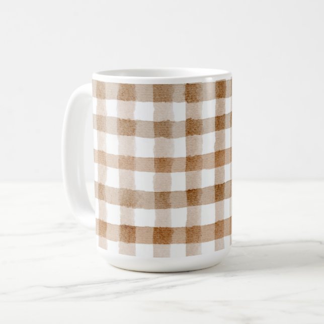 Caneca De Café Listras Marrons Creme Xadrez Bege (Frente Esquerda)