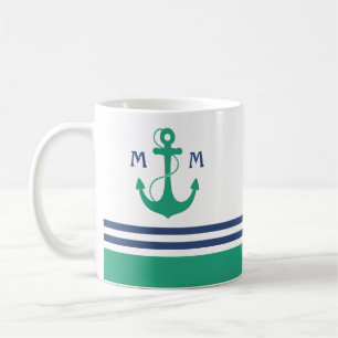 Caneca De Café Listras náuticas com monograma verde da âncora