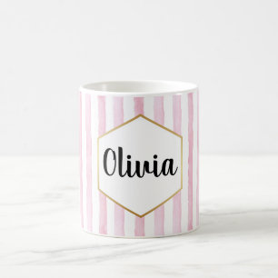 Caneca De Café Listras Rosa e Branco Personalizadas
