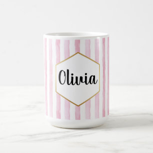 Caneca De Café Listras Rosa e Branco Personalizadas