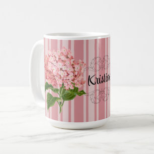 Caneca De Café Listras Rosa e Hydrangea Adicionam um Nome
