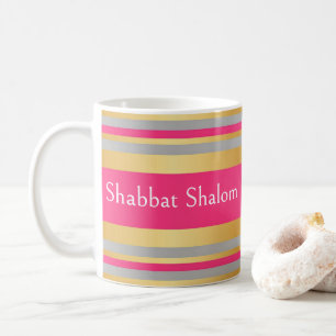 Caneca De Café Listras Rosa Quente Cinza Dourado, Shabat Shalom