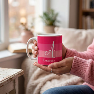 Caneca De Café Listras Rosa Raspberry com Monograma Personalizado