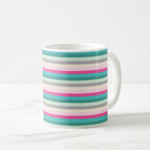Caneca De Café Listras Rosa Turquesa e Cinza
