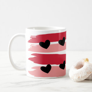 Caneca De Café Listras Rosa Vermelho Padrão Corações Pretos