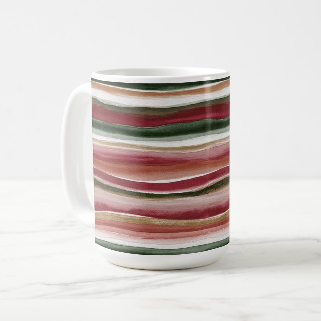 Caneca De Café Listras Vermelhas Verde Rubor Branco Dourado (Frente Esquerda)