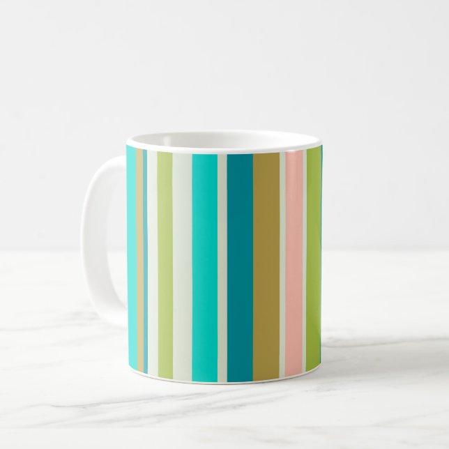 Caneca De Café Listras verticais retrô rosa turquesa e pêssego (Frente Esquerda)
