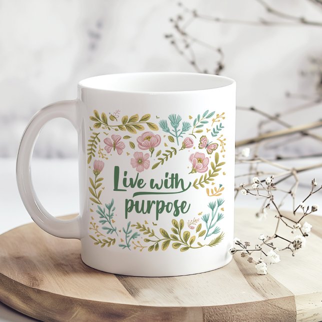 Caneca De Café "Live with Purpose" Boho Neutral ("Live with Purpose" Boho Neutral Wildflowers Coffee Mug on a boho kitchen table with dry flowers)