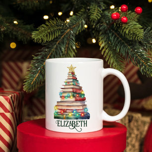 Caneca De Café Livros Árvore de Natal Bibliotecário Livro Nome