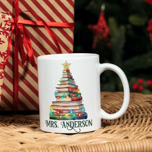 Caneca De Café Livros Árvore de Natal Professores Livro Nome dos 