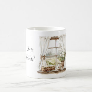 Caneca De Café Livros de Tulipas Brancas na Janela