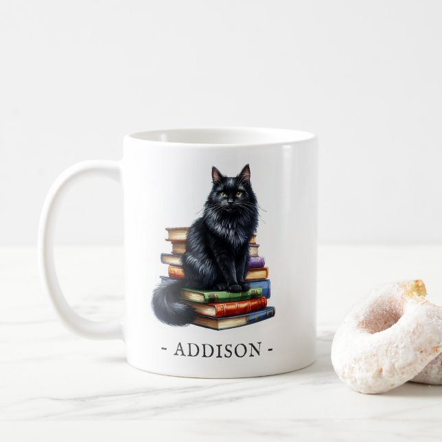 Caneca De Café Livros e Mug de Gato Negro com Modelo de Nome (Com Donut)