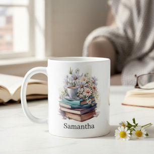 Caneca De Café Livros Empilhados Florais Personalizados