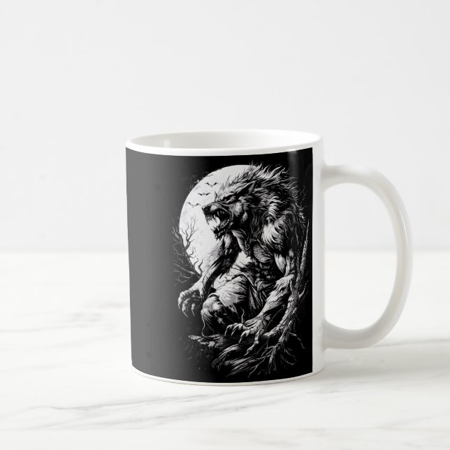 Caneca De Café Lobisomem Lobo Uivando na Lua Cheia (Direita)