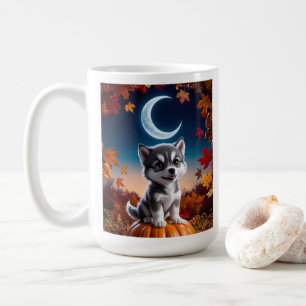 Caneca De Café Lobo Adorável com Arte de Halloween Crescente