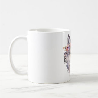 Caneca De Café Lobo Aquarela com Flores na Natureza