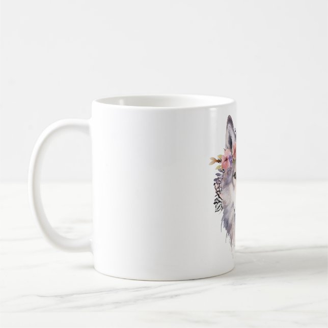 Caneca De Café Lobo Aquarela com Flores na Natureza (Esquerda)