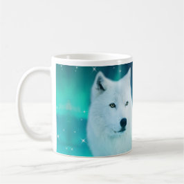 Caneca De Café Lobo árctico e noite mágica com luzes nortes