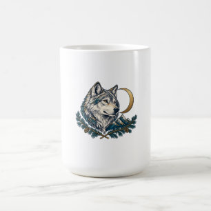 Caneca De Café Lobo Cinza Ouro Crescente Pinheiro Montanha