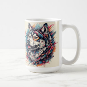 Caneca De Café Lobo com Elementos Geométricos e Cores Vibrantes