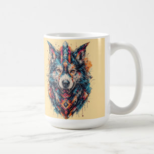 Caneca De Café Lobo com Elementos Geométricos e Cores Vibrantes