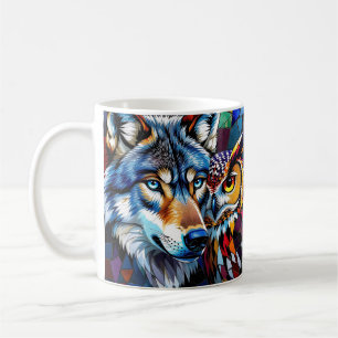 Caneca De Café Lobo e Coruja Vibrantes e Coloridos