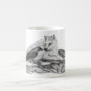 Caneca De Café Lobo e Raven - Design preto e branco