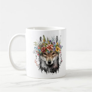 Caneca De Café Lobo Floral de Watercolor