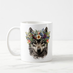 Caneca De Café Lobo Floral de Watercolor