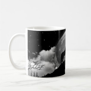 Caneca De Café Lobo negro e branco uivando na lua