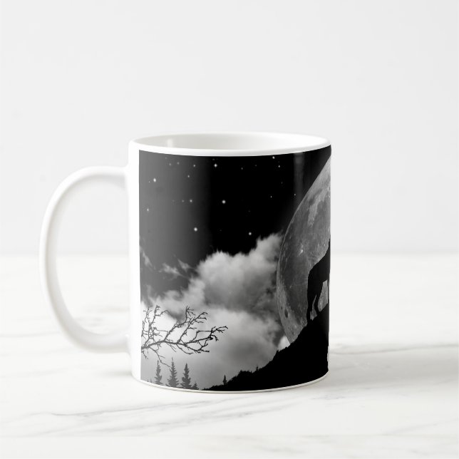 Caneca De Café Lobo negro e branco uivando na lua (Esquerda)
